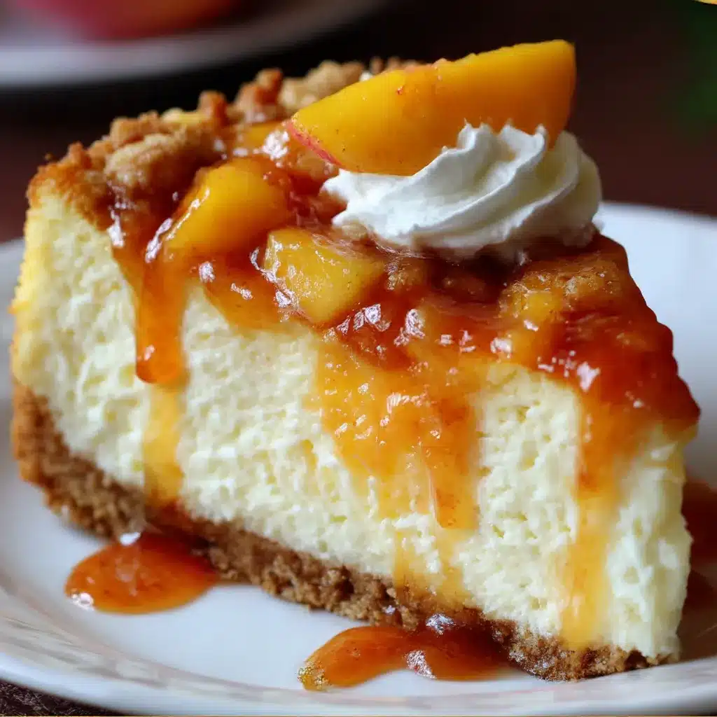 Slice of Peach Cobbler Cheesecake with golden crumble topping