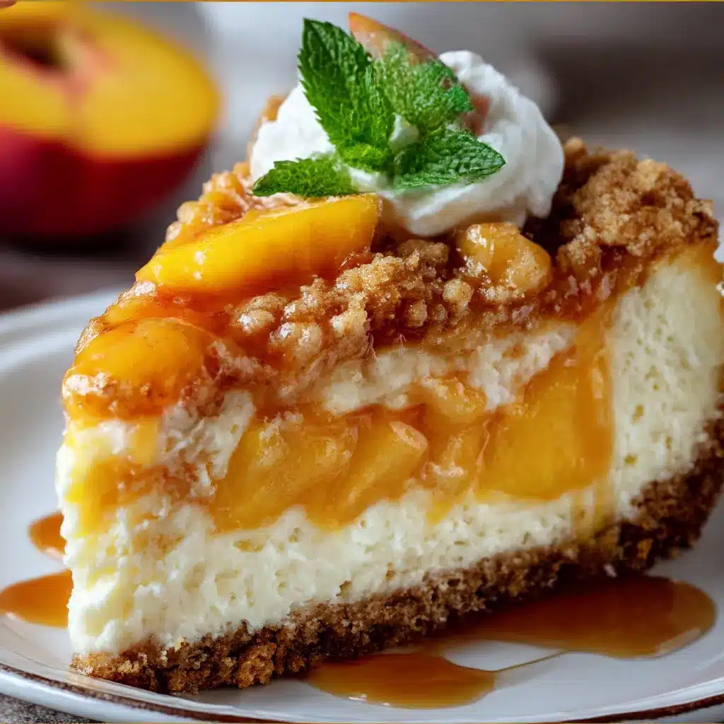 Slice of Peach Cobbler Cheesecake with golden crumble topping