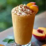 Smooth peach cobbler smoothie in glasses with cinnamon sprinkle