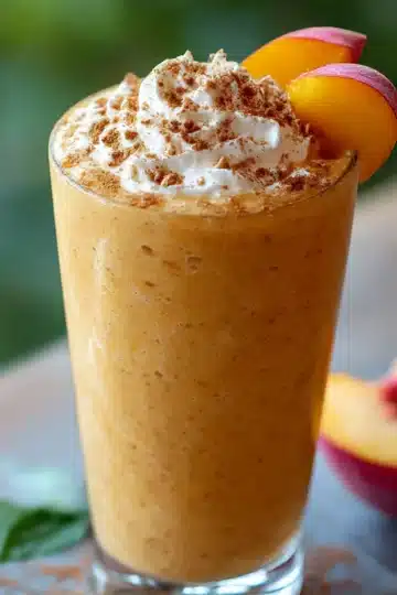 Smooth peach cobbler smoothie in glasses with cinnamon sprinkle