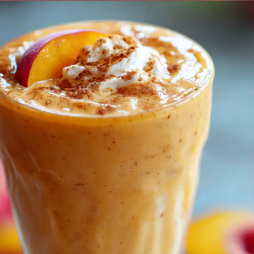 Smooth peach cobbler smoothie in glasses with cinnamon sprinkle