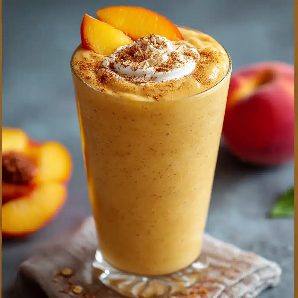 Smooth peach cobbler smoothie in glasses with cinnamon sprinkle