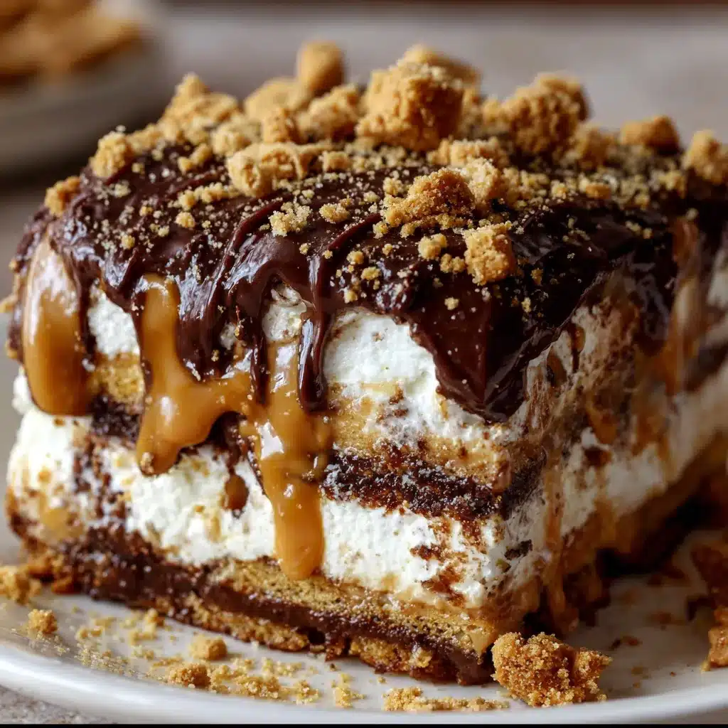 Peanut Butter Cookie Lasagna with chocolate pudding and whipped topping layers