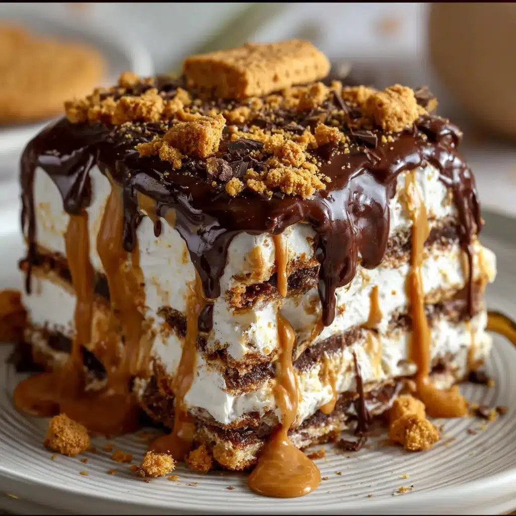 Peanut Butter Cookie Lasagna with chocolate pudding and whipped topping layers