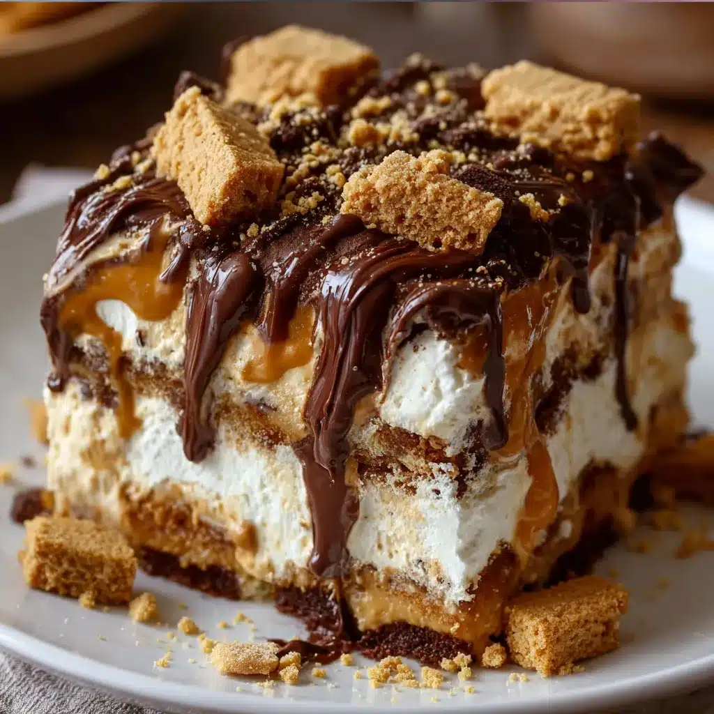 Peanut Butter Cookie Lasagna with chocolate pudding and whipped topping layers