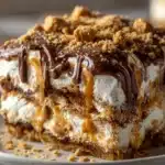 Peanut Butter Cookie Lasagna with chocolate pudding and whipped topping layers