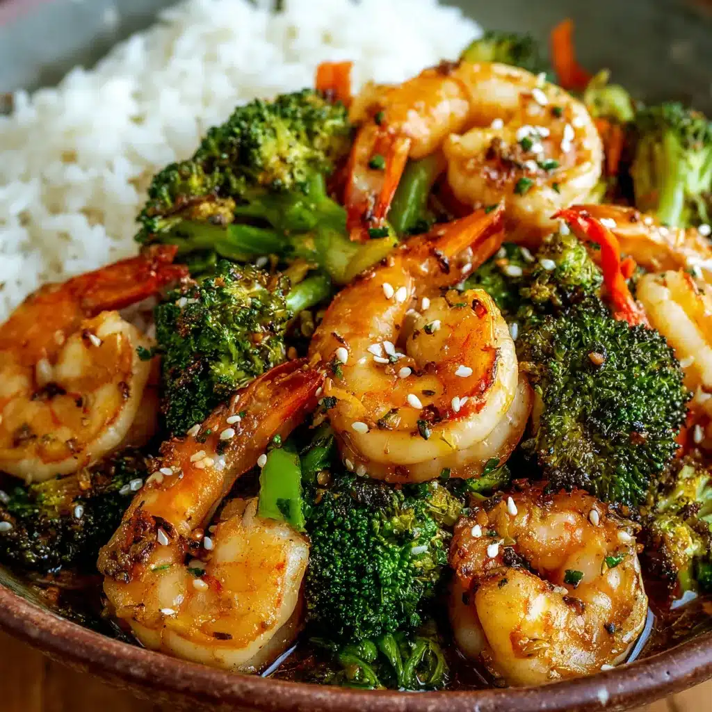 Quick Shrimp and Broccoli Stir Fry plated with sesame seeds and green onions