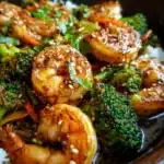 Quick Shrimp and Broccoli Stir Fry plated with sesame seeds and green onions