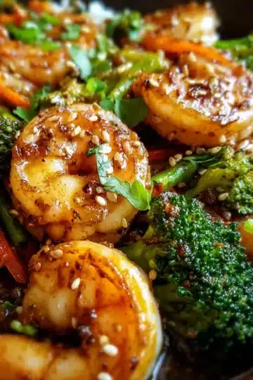 Quick Shrimp and Broccoli Stir Fry plated with sesame seeds and green onions