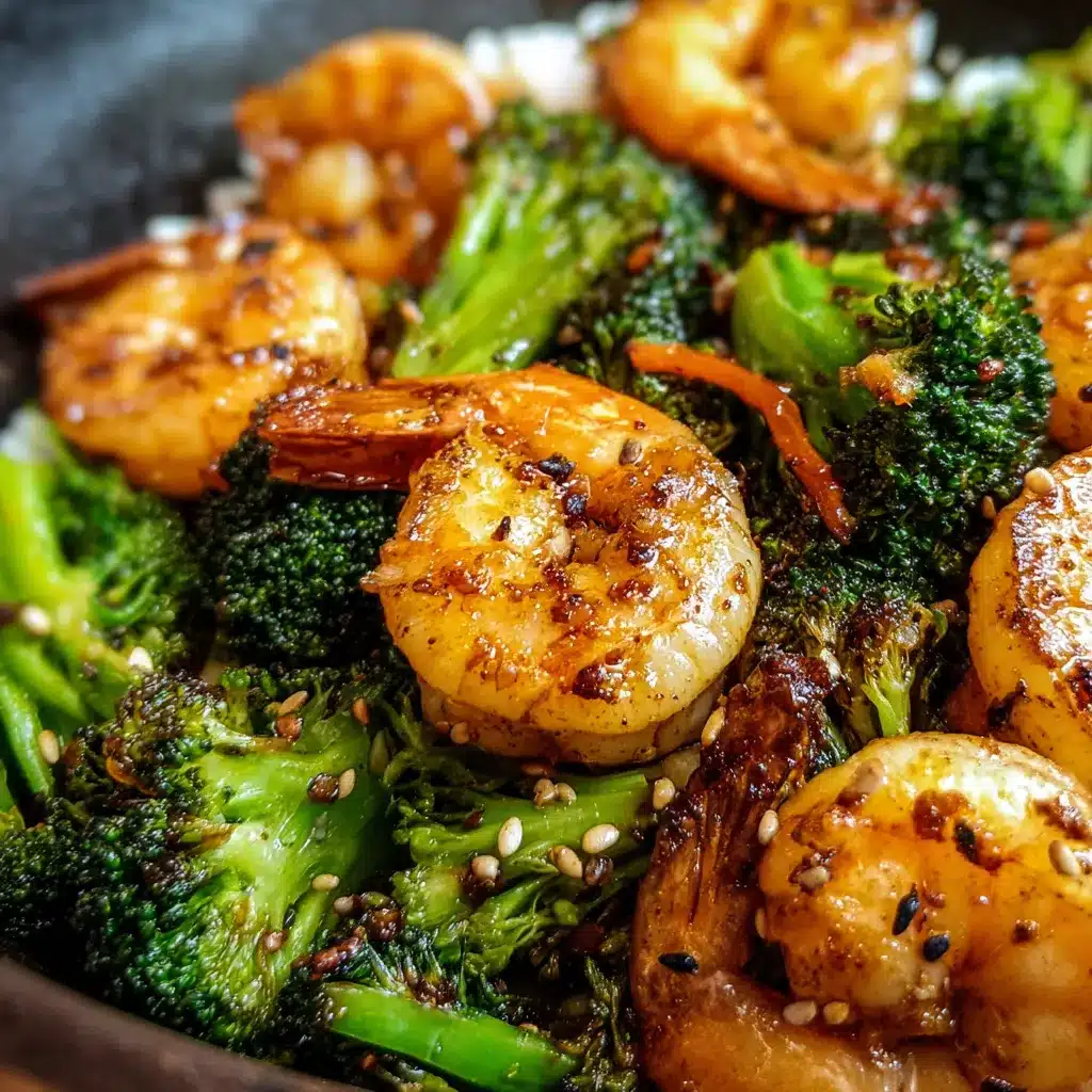 Quick Shrimp and Broccoli Stir Fry plated with sesame seeds and green onions