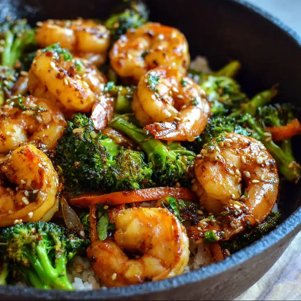 Quick Shrimp and Broccoli Stir Fry plated with sesame seeds and green onions