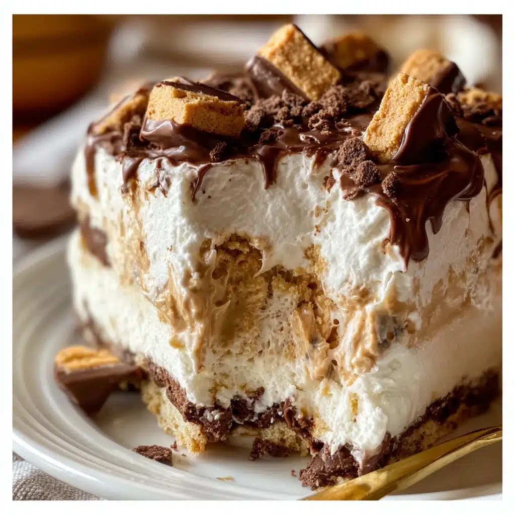 Reese’s Peanut Butter Fluff dessert in a bowl with chocolate chips and chopped Reese’s pieces