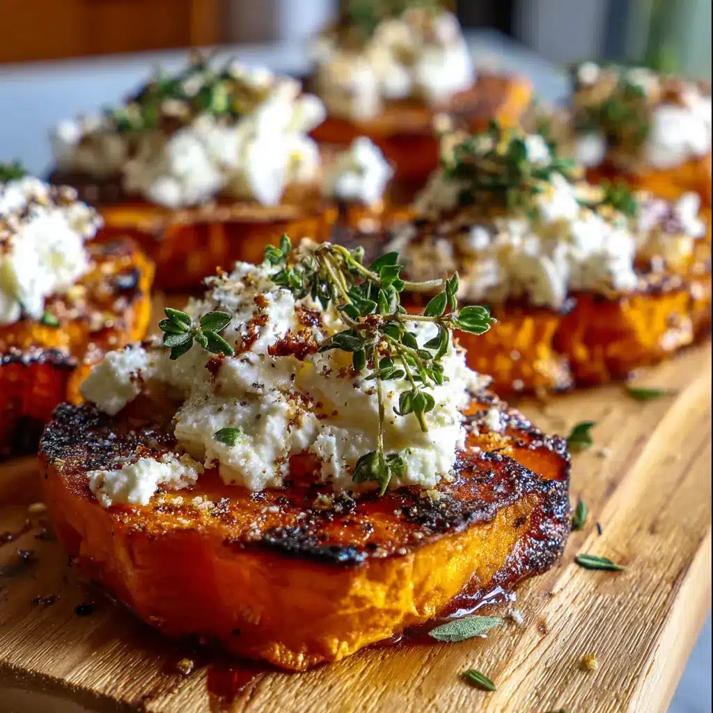 Roasted sweet potato rounds topped with creamy whipped feta, fresh herbs, and honey