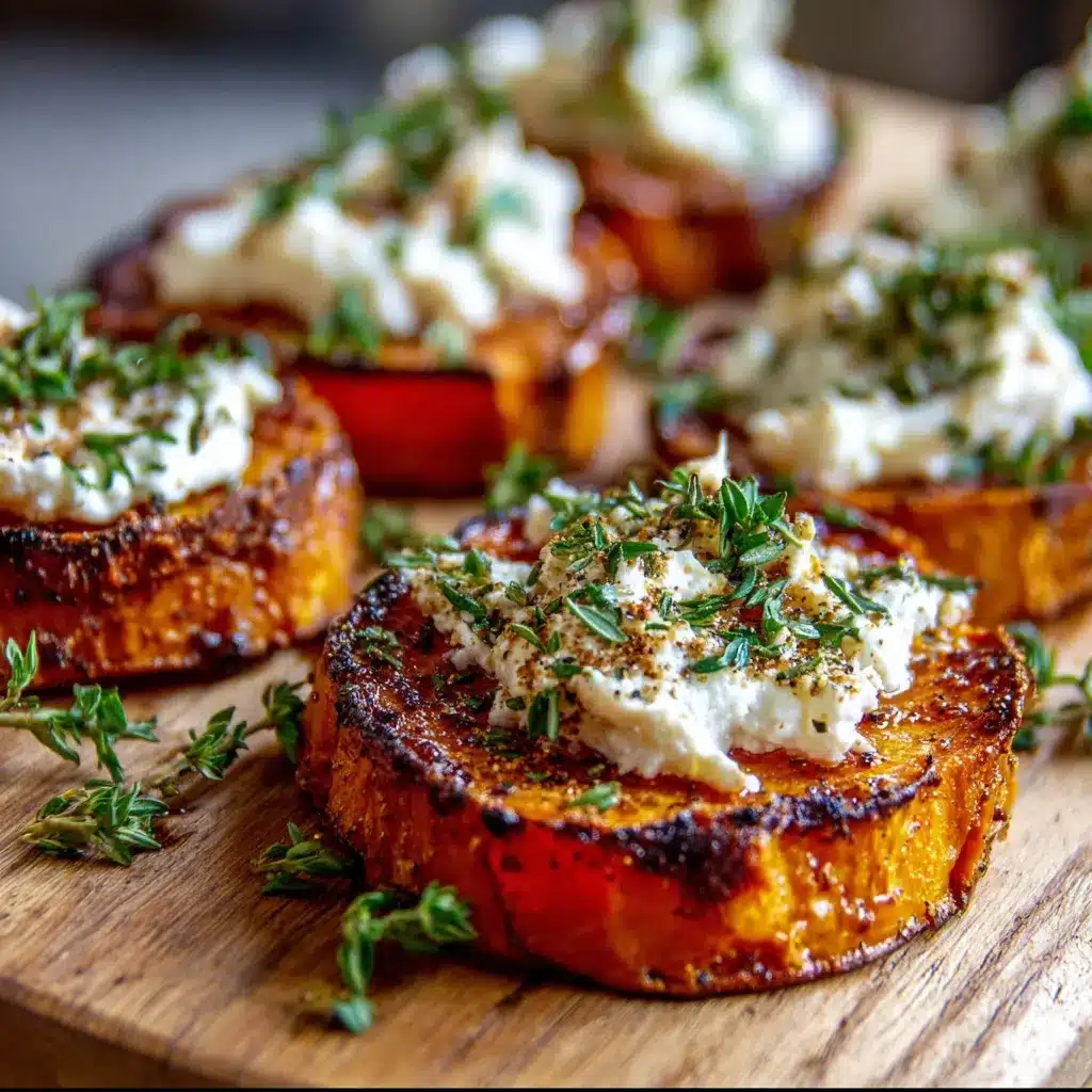 Roasted sweet potato rounds topped with creamy whipped feta, fresh herbs, and honey