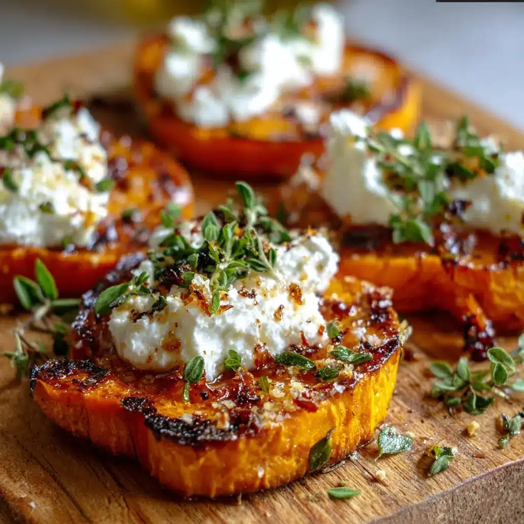 Roasted sweet potato rounds topped with creamy whipped feta, fresh herbs, and honey