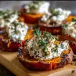 Roasted sweet potato rounds topped with creamy whipped feta, fresh herbs, and honey
