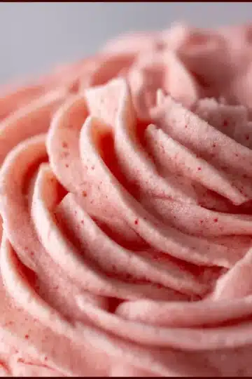 Strawberry Buttercream Icing swirled on cupcakes with a light pink, fluffy texture.