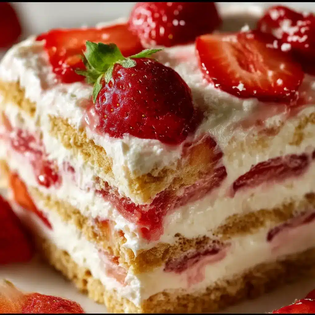Strawberry Cream Cheese Icebox Cake with layers of fresh strawberries and graham crackers