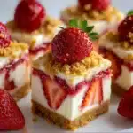 Strawberry Crunch Cheesecake Bites with creamy cheesecake filling and crunchy strawberry topping