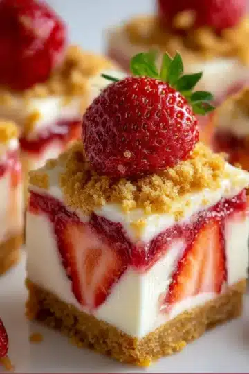 Strawberry Crunch Cheesecake Bites with creamy cheesecake filling and crunchy strawberry topping
