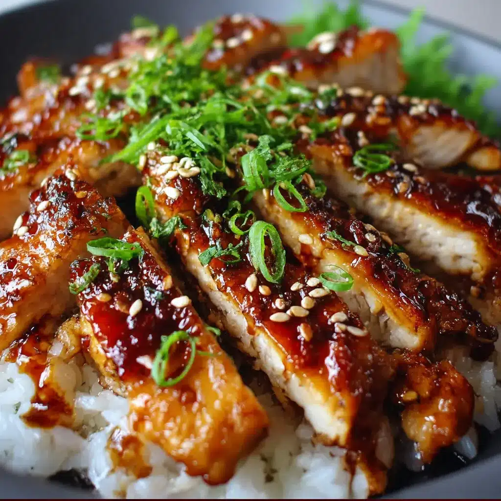 Teriyaki chicken glazed in a shiny homemade sauce, garnished with sesame seeds and green onions