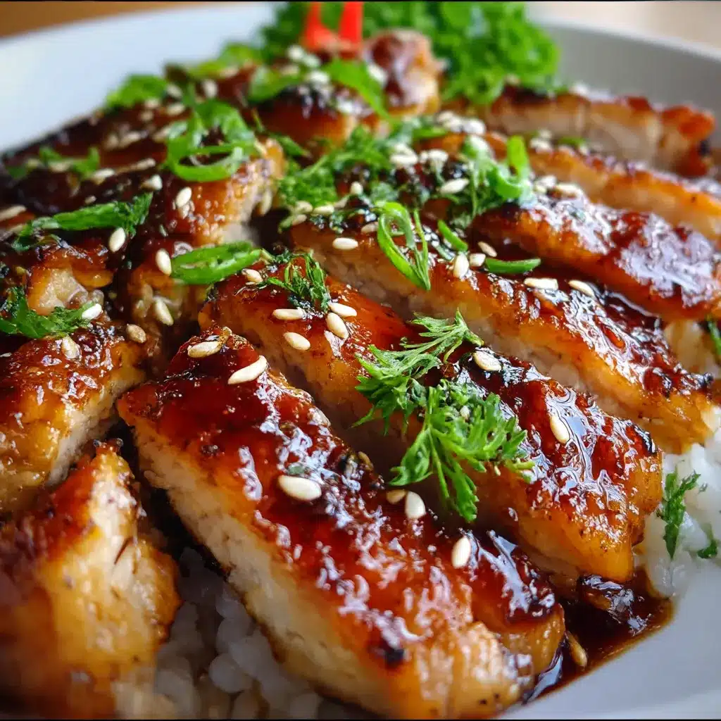 Teriyaki chicken glazed in a shiny homemade sauce, garnished with sesame seeds and green onions