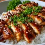 Teriyaki chicken glazed in a shiny homemade sauce, garnished with sesame seeds and green onions