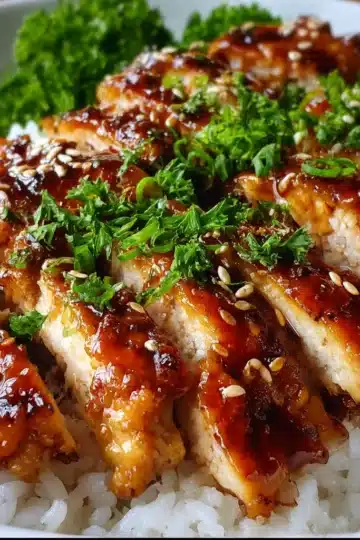 Teriyaki chicken glazed in a shiny homemade sauce, garnished with sesame seeds and green onions