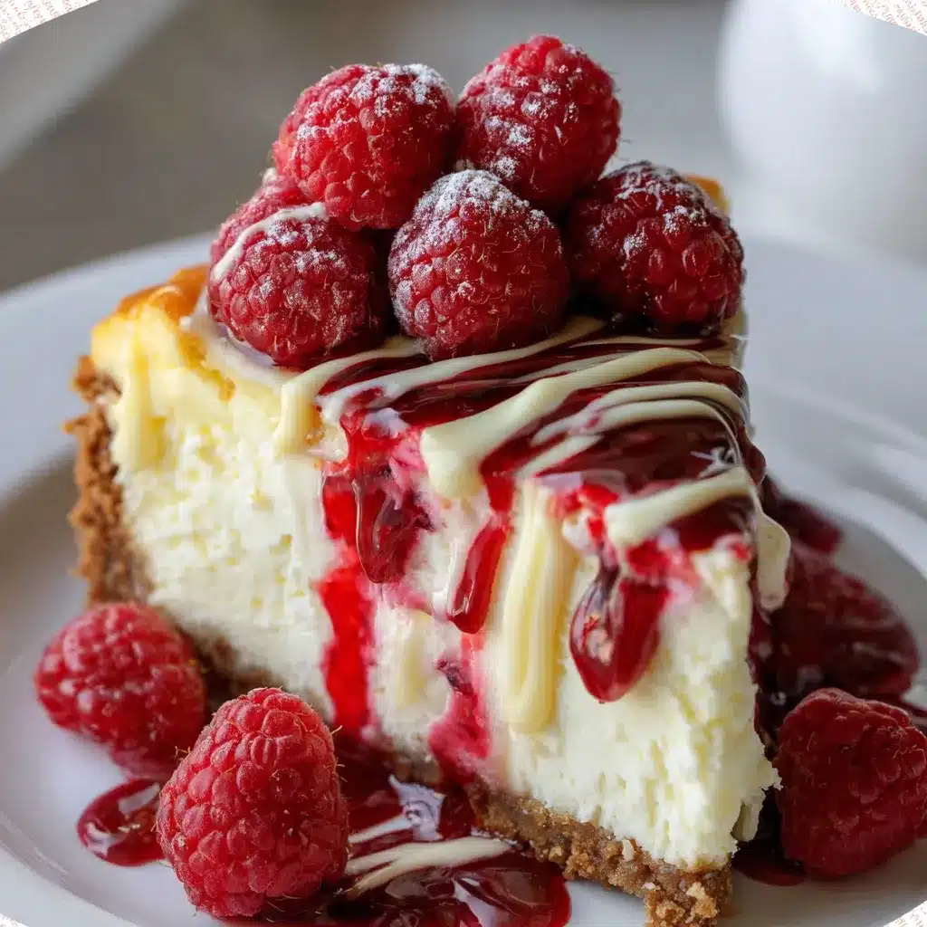 Slice of White Chocolate Raspberry Cheesecake with vibrant raspberry swirl