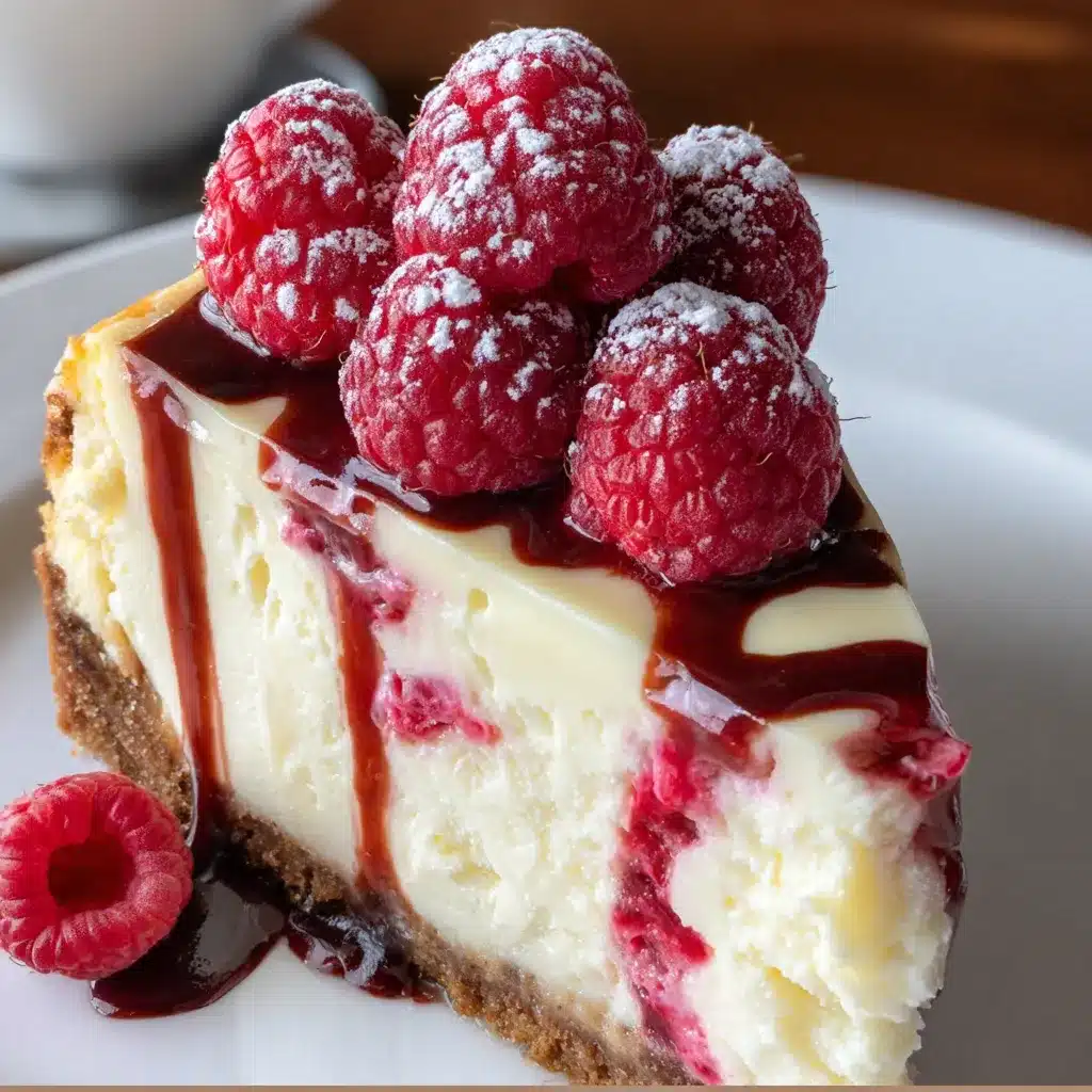 Slice of White Chocolate Raspberry Cheesecake with vibrant raspberry swirl