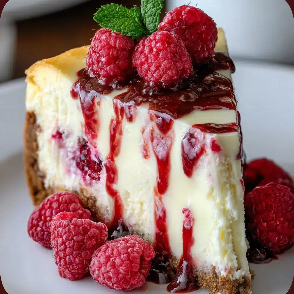 Slice of White Chocolate Raspberry Cheesecake with vibrant raspberry swirl