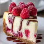 Slice of White Chocolate Raspberry Cheesecake with vibrant raspberry swirl