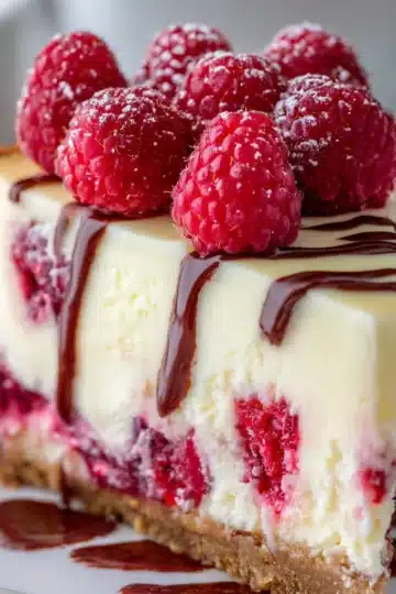 Slice of White Chocolate Raspberry Cheesecake with vibrant raspberry swirl