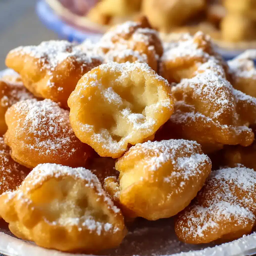 Golden funnel cake bites dusted with powdered sugar and cinnamon