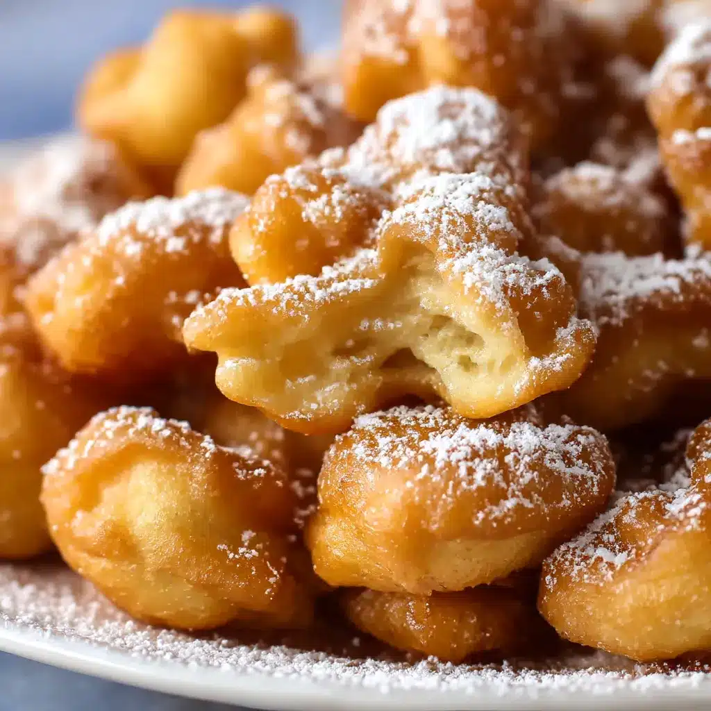 Golden funnel cake bites dusted with powdered sugar and cinnamon