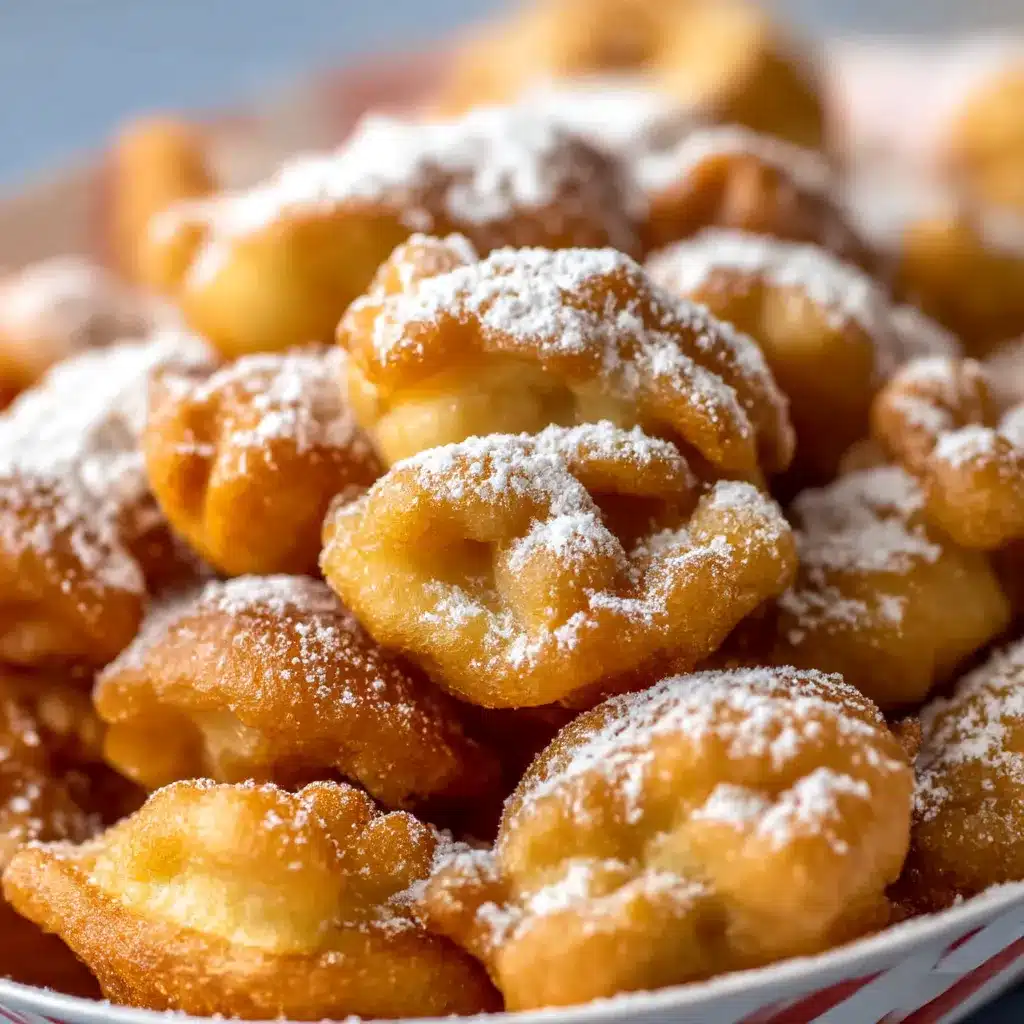 Golden funnel cake bites dusted with powdered sugar and cinnamon