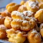 Golden funnel cake bites dusted with powdered sugar and cinnamon