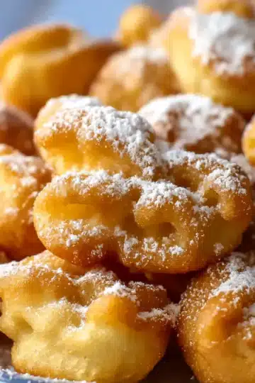 Golden funnel cake bites dusted with powdered sugar and cinnamon