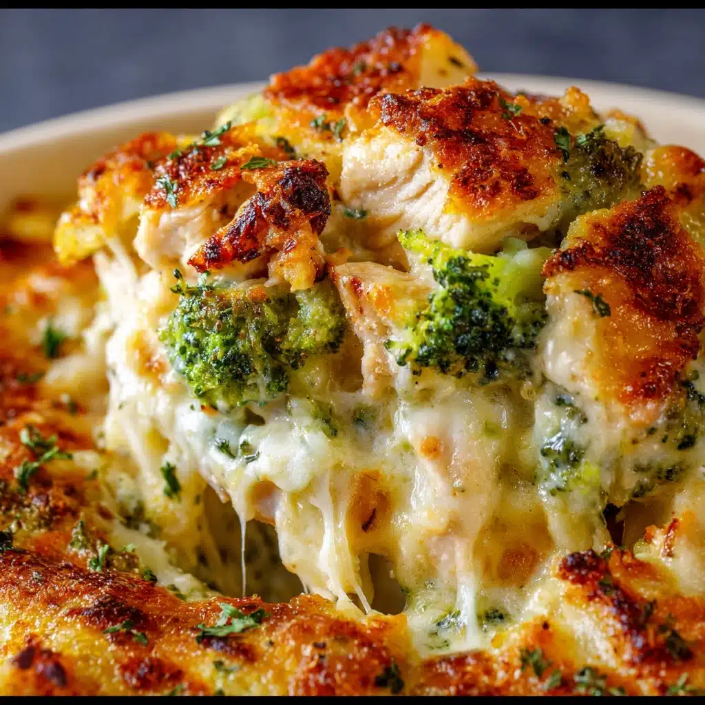 Baked potato chicken and broccoli casserole topped with melted cheese and bacon in a baking dish
