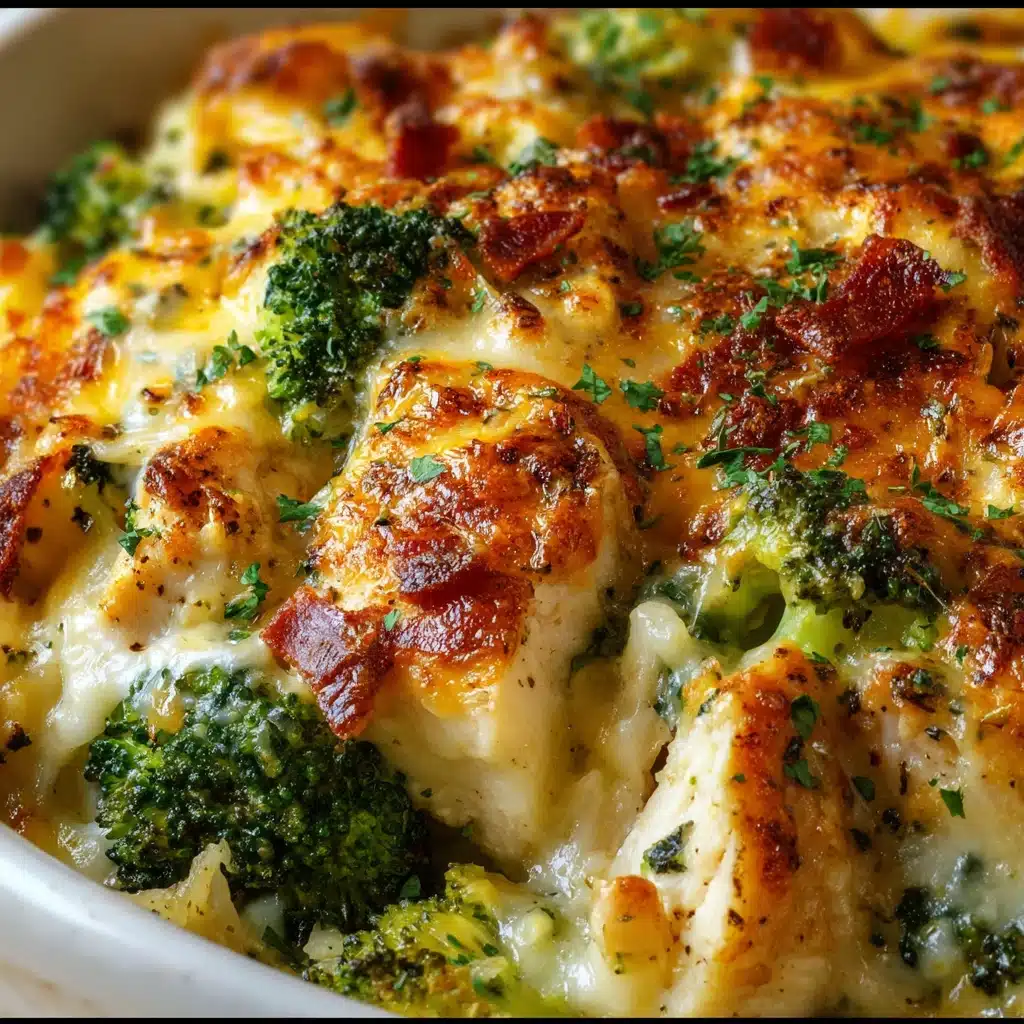 Baked potato chicken and broccoli casserole topped with melted cheese and bacon in a baking dish