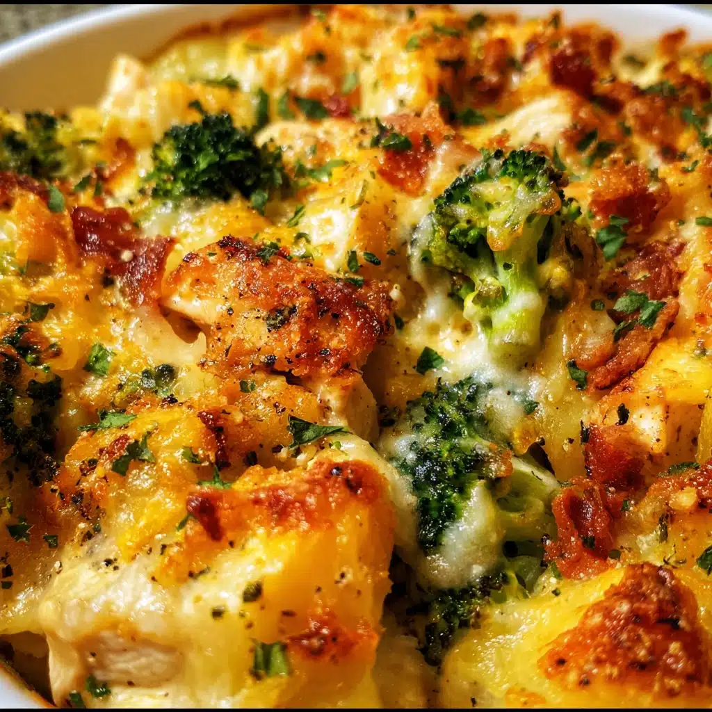 Baked potato chicken and broccoli casserole topped with melted cheese and bacon in a baking dish