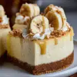 Creamy Banana Cream Cheesecake with whipped topping and fresh banana slices