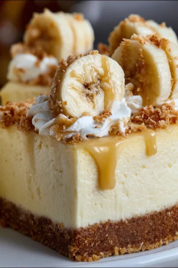 Creamy Banana Cream Cheesecake with whipped topping and fresh banana slices