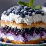 Slice of Blueberry Cloud Cake with whipped cream frosting and fresh blueberries
