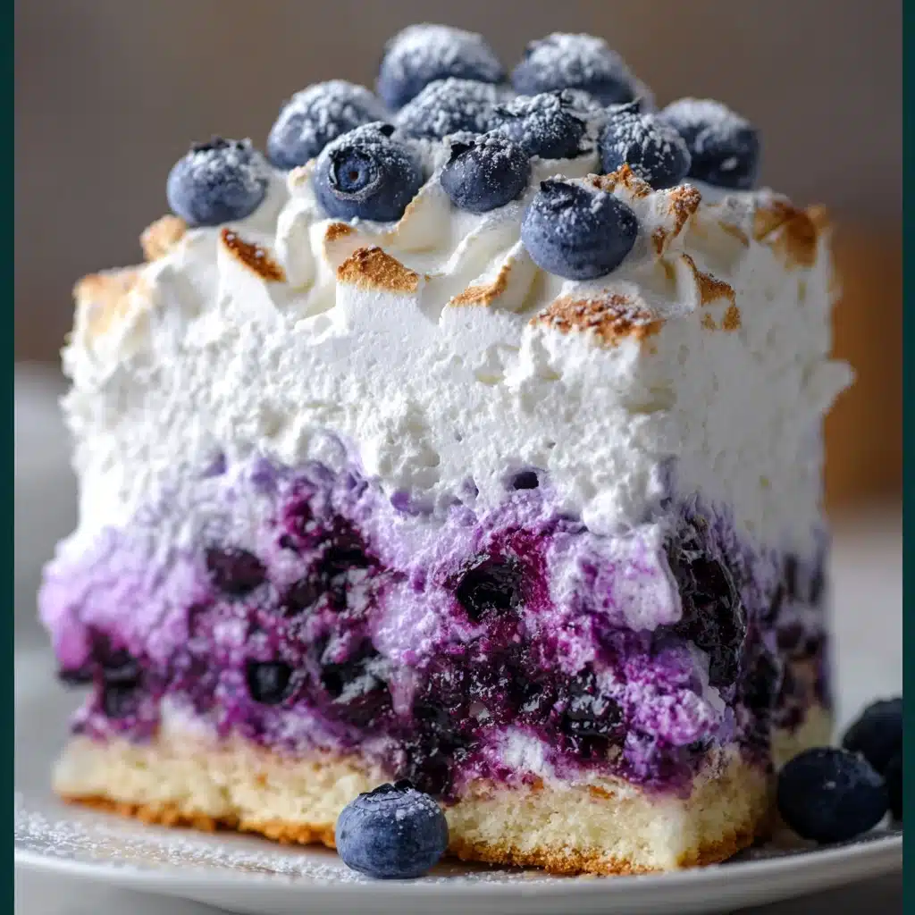 Slice of Blueberry Cloud Cake with whipped cream frosting and fresh blueberries