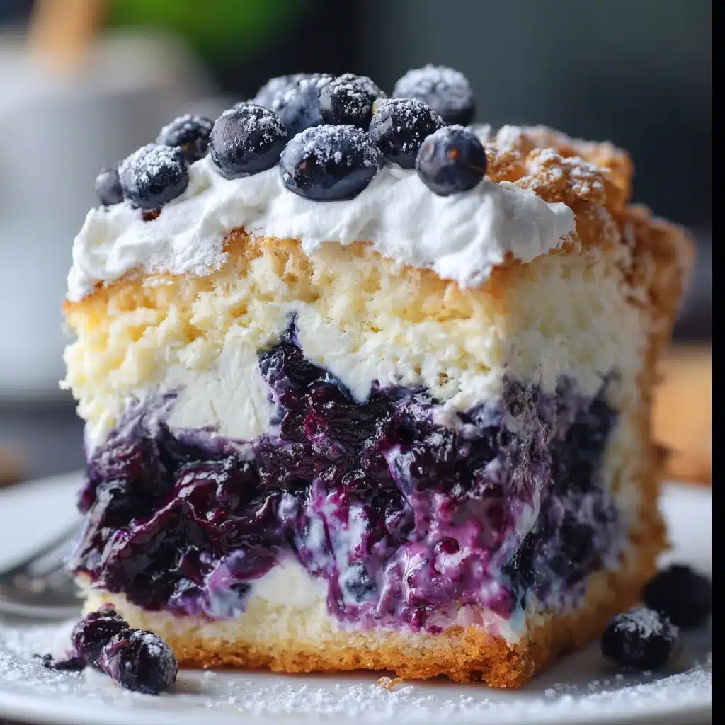 Slice of Blueberry Cloud Cake with whipped cream frosting and fresh blueberries