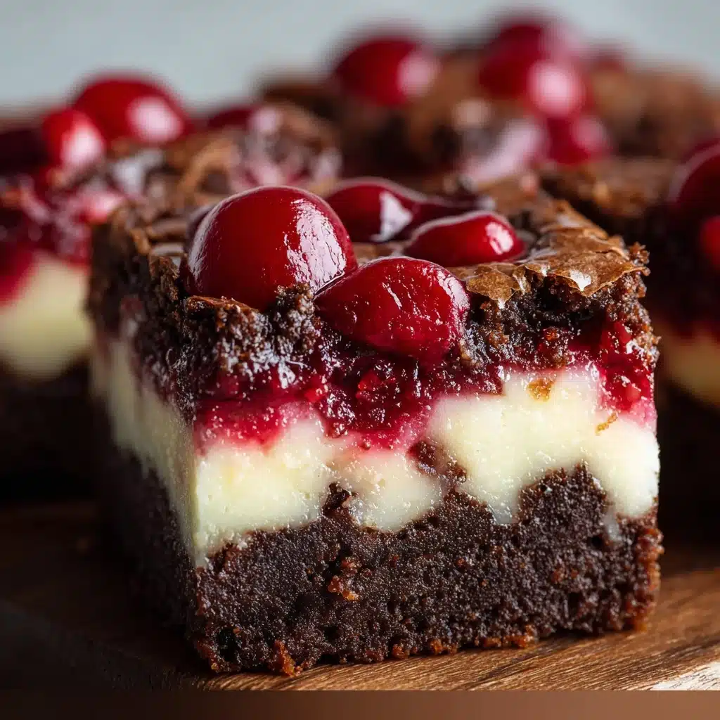 Cherry cheesecake brownies with chocolate base, creamy cheesecake layer, and bright cherry swirl on top.