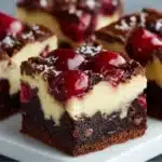 Cherry cheesecake brownies with chocolate base, creamy cheesecake layer, and bright cherry swirl on top.