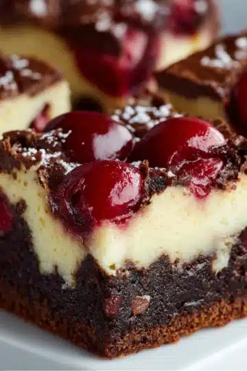 Cherry cheesecake brownies with chocolate base, creamy cheesecake layer, and bright cherry swirl on top.