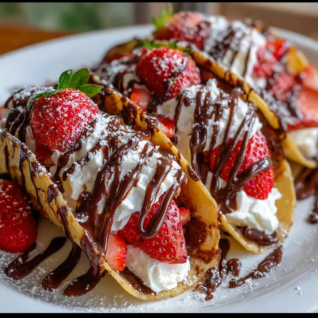 Chocolate Strawberry Cheesecake Pancake Tacos filled with creamy cheesecake and fresh strawberries